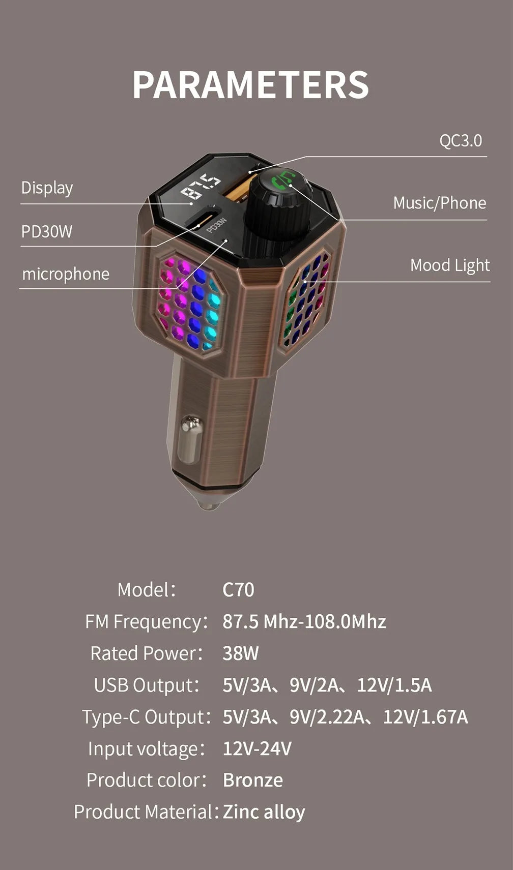 Car Adapter Bluetooth FM Transmitter For Car PD30W&QC3.0 Car Charger Bluetooth Adapter Zinc Alloy Color Light Hands-Free