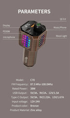 Car Adapter Bluetooth FM Transmitter For Car PD30W&QC3.0 Car Charger Bluetooth Adapter Zinc Alloy Color Light Hands-Free