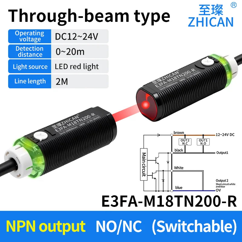 ZHICAN E3FA M18 Cylindrical Photoelectric Sensor Long Range Diffuse Reflective Through Beam Retro Reflective NPN PNP