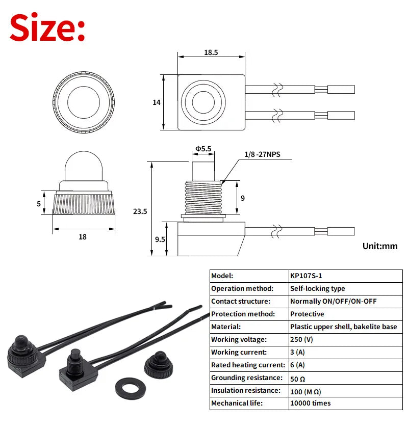 2Pcs IP67 Waterproof Push Button NC NO On-Off Switch KP107S Auto-Lock ZE-107S Self-Locking Switchs Press Type