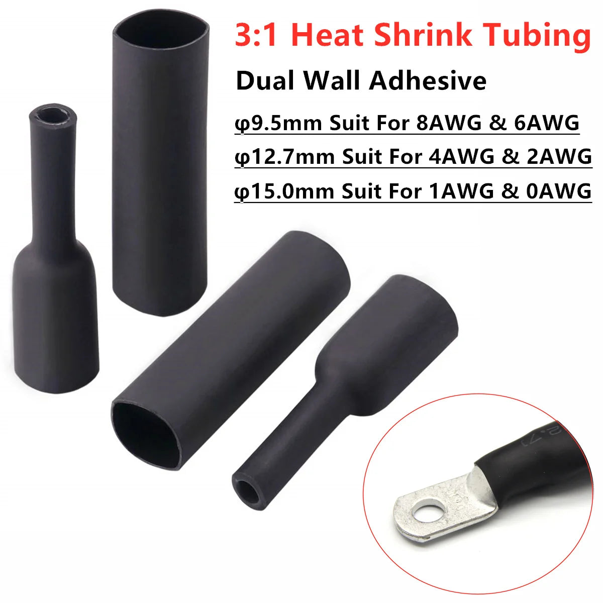 5PCS Copper Ring Uninsulated Terminals Lug Bare Battery Welding Cable Wire Connectors Heat Shrink Tubing Kit 0-8AWG