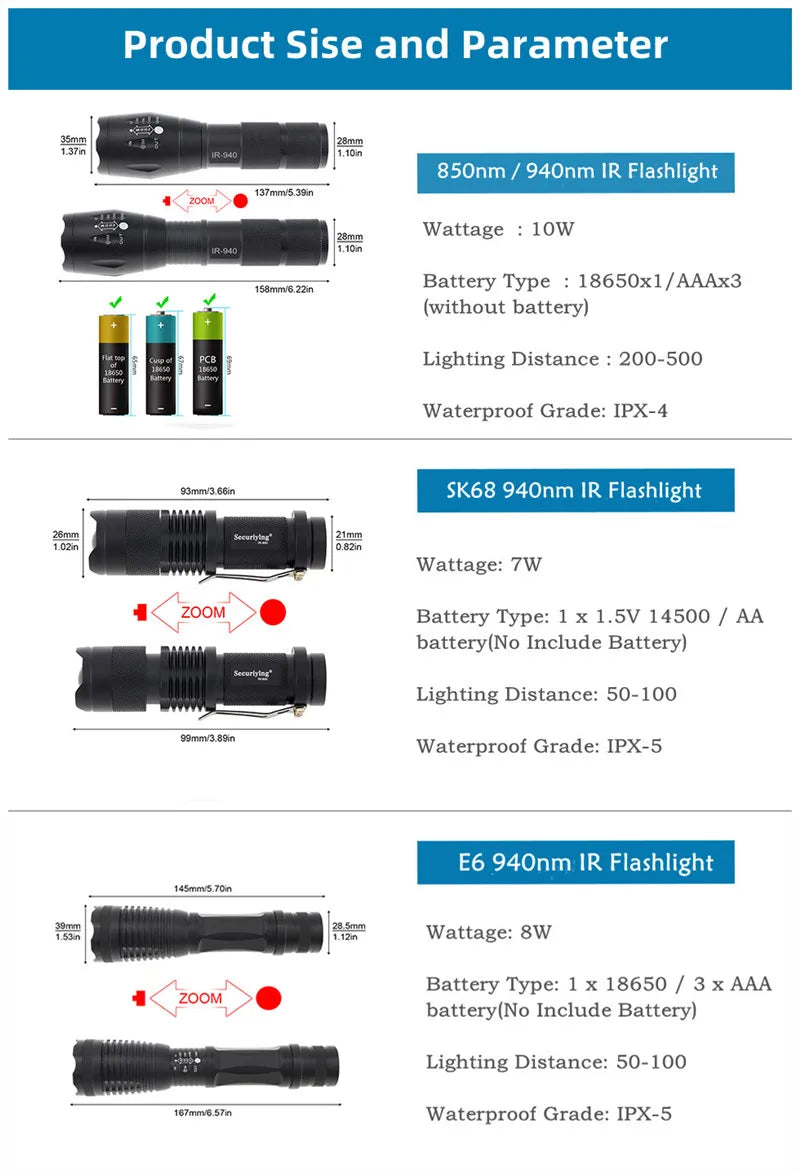 LED Tactical IR Flashlight 1000 Lumen Zoomable Focus 940nm 850nm Torch Infrared Light Hunting Torches Night Vision For Camping