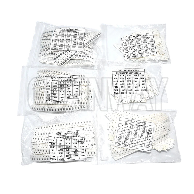 200pcs 660pcs 720pcs 4000pcs 0402 0603 0805 1206 1210 2512 1% 5% SMD Resistor Kit 10K 100K 1K 1R 100R 220R