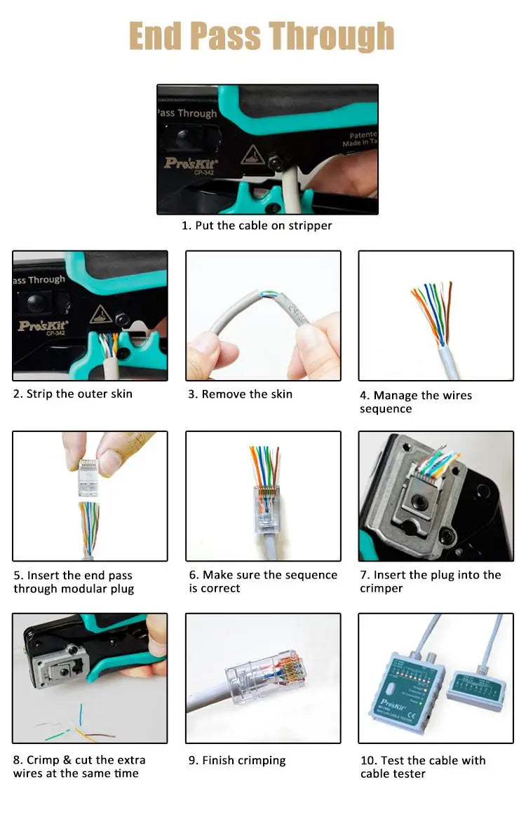 Pro'skit CP-342 End Pass Through Mini Crimper Pliers 8P8C RJ45 Perforated Crystal Head Crimp Tool 4in1 Ethernet LAN Stripper