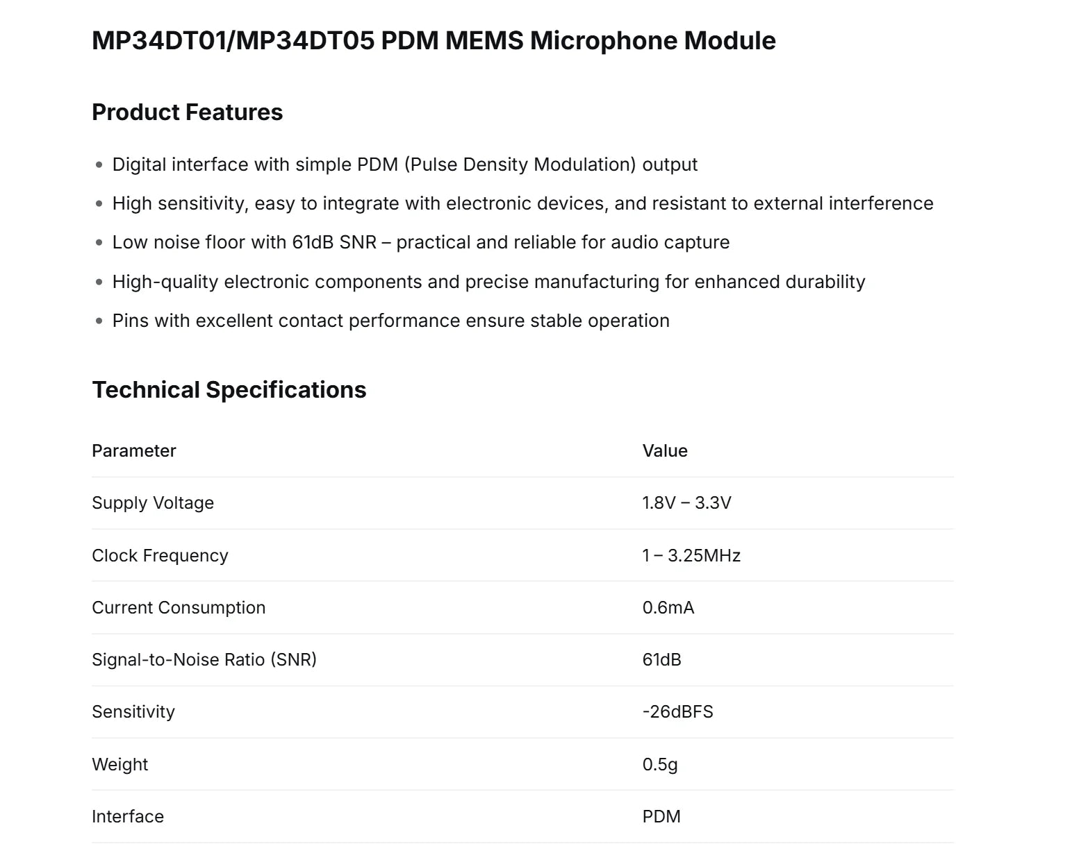 1PCS MP34DT01 MP34DT05 Digital PDM MEMS Mic Module 1.8V-3.3V Omnidirectional for Arduino