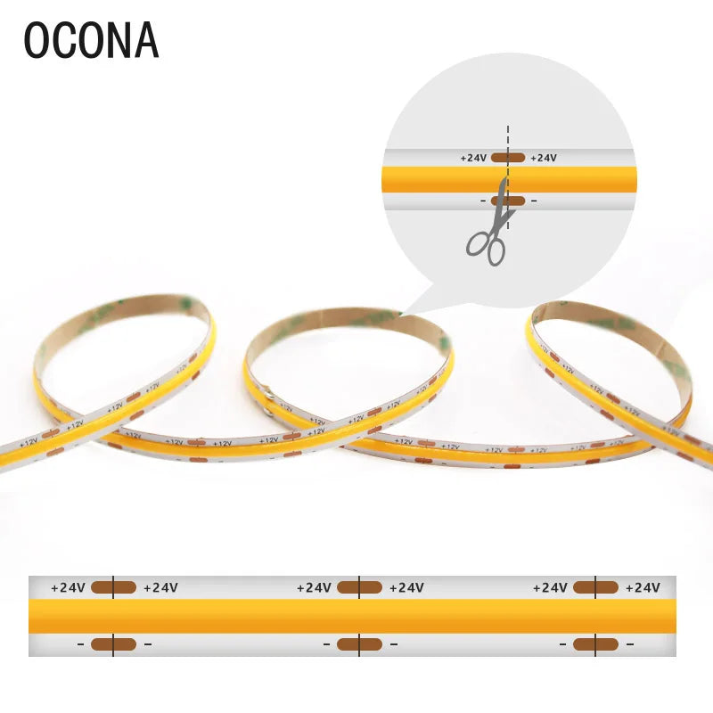 OCONA Ra97+ High CRI COB LED Strip Light 8mm Flexible 480LED/m LED Tape Lights Ribbon 24V Warm/Cool White 2700K 5000K Dimmable