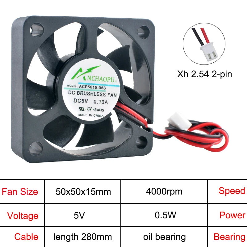 Industrial-Grade 50mm Axial Flow Fan –ACP5015 50x50x15mm Multi-Voltage (5V/12V/24V) Cooling Fan for Electronics & Power Systems