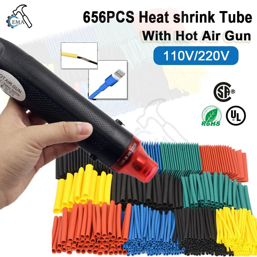 2:1 Heat Shrink Tube With 300W Hot Air Guns Kit EU US 110V 220V Heat Shrink Tubing Kit Cover Cable Repair Protection 1060/656pcs