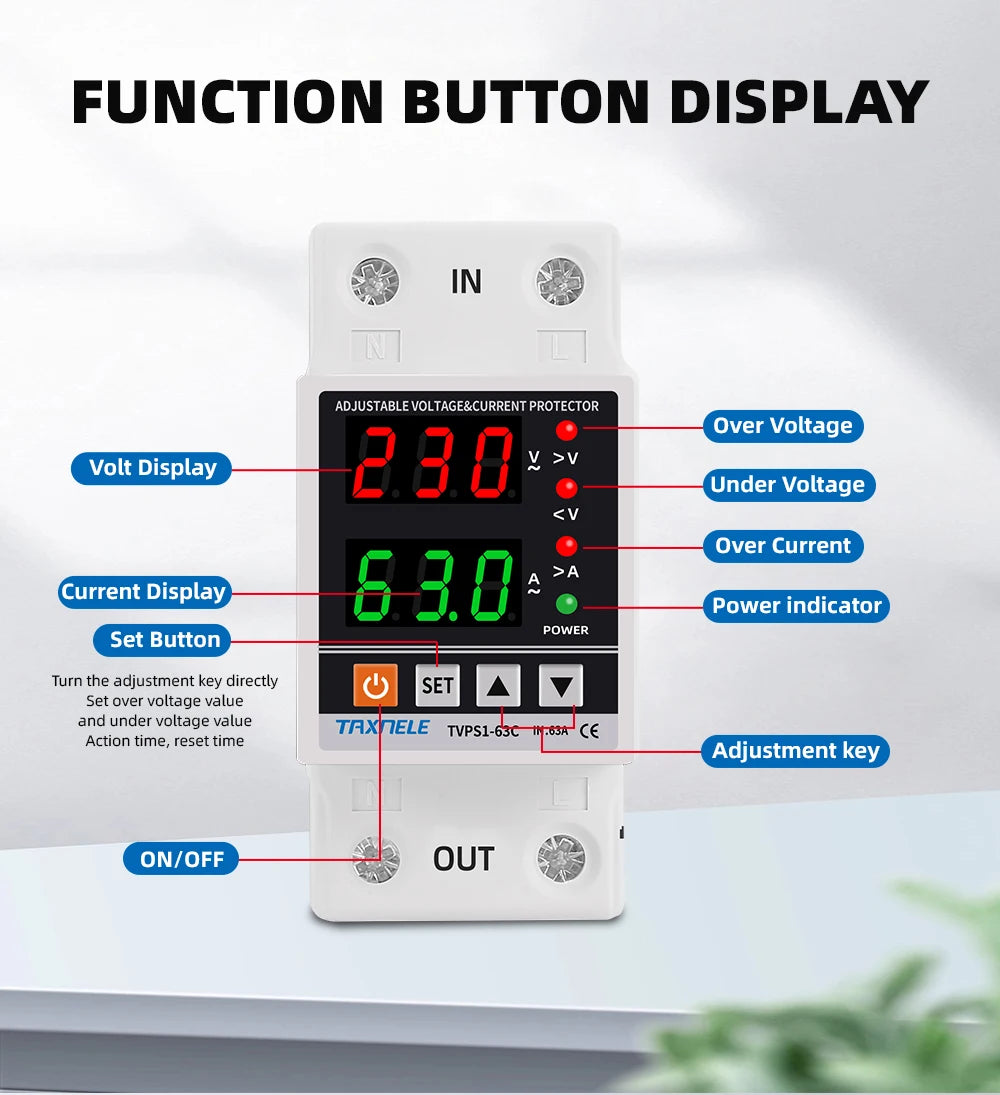 63A 230V Din Rail Adjustable Over Under Voltage Protective Device Protector Relay Over Current Protection Energy KWH Meter