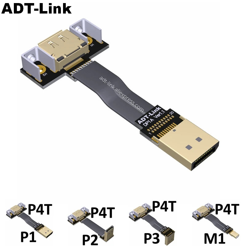 DisplayPort Ribbon Extension Cable Male-Female Flat EMI shielding FPC Cable DP 90 degree Angle Connector With mounting bracket