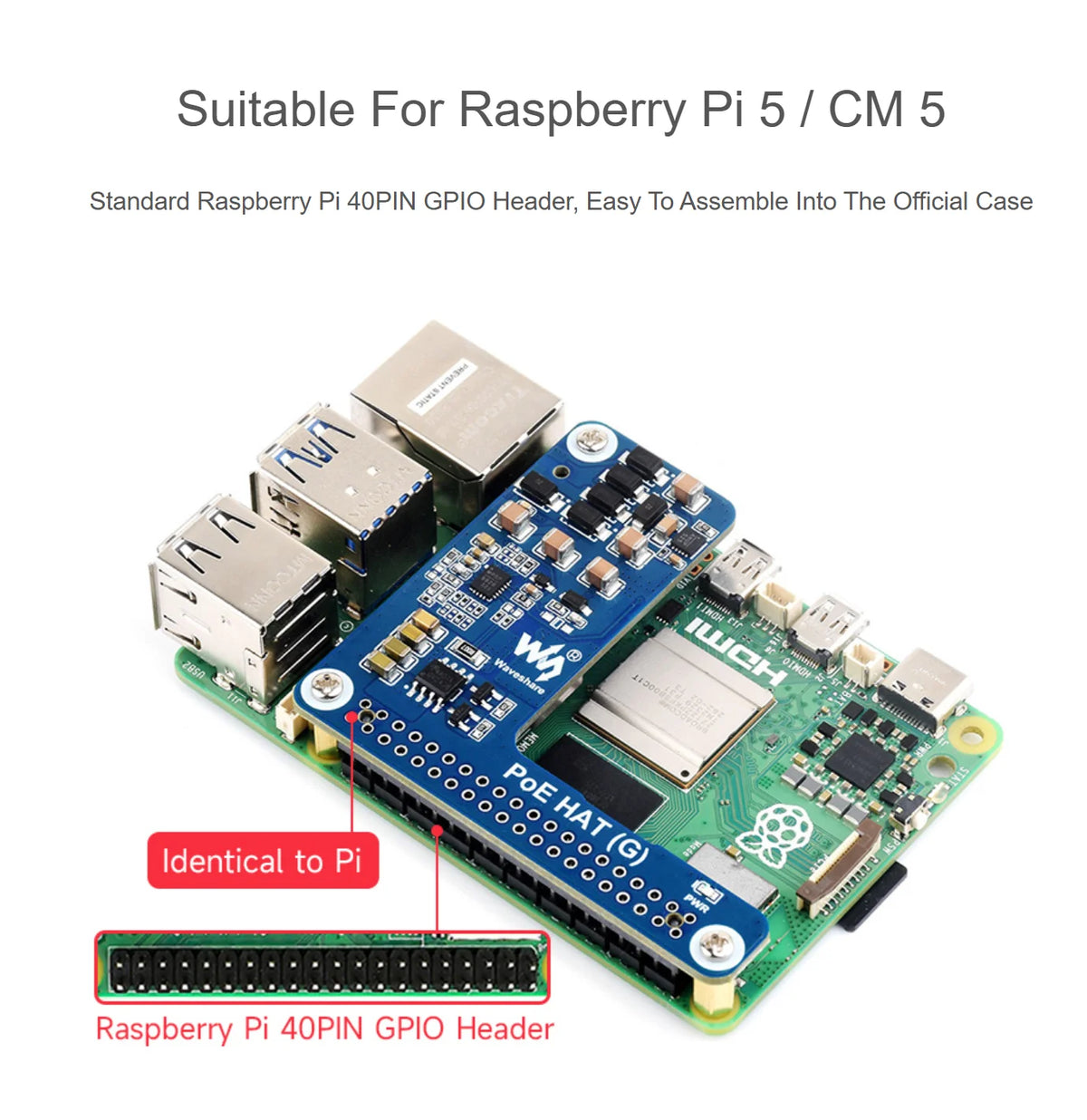 Raspberry Pi 5 Dedicated Ethernet PoE+ Power Supply Expansion Board 5V 5A Output Supports 802.3af/at Network PoE HAT (G) for CM5