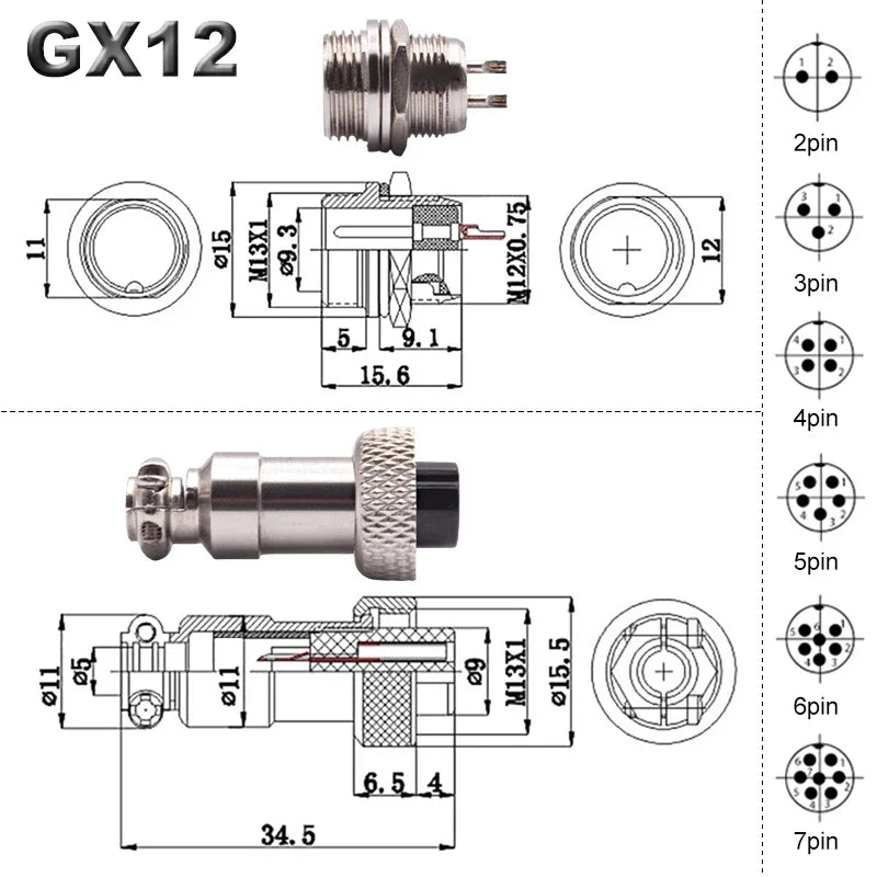 5 Sets GX12 Aviation Electrical Connector 2 3 4 5 6 7 Pin L88-93 Male Female Circular Air Socket Plug Panel Mount Wire Connector