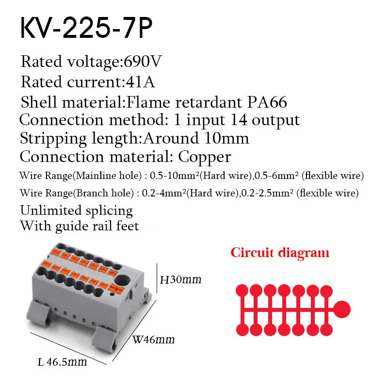 1PC 225 Series Terminal Block One In Multiple Out Wire Electrical Connectors Plug-in Spliceable Splitter Guide Rail Junction Box