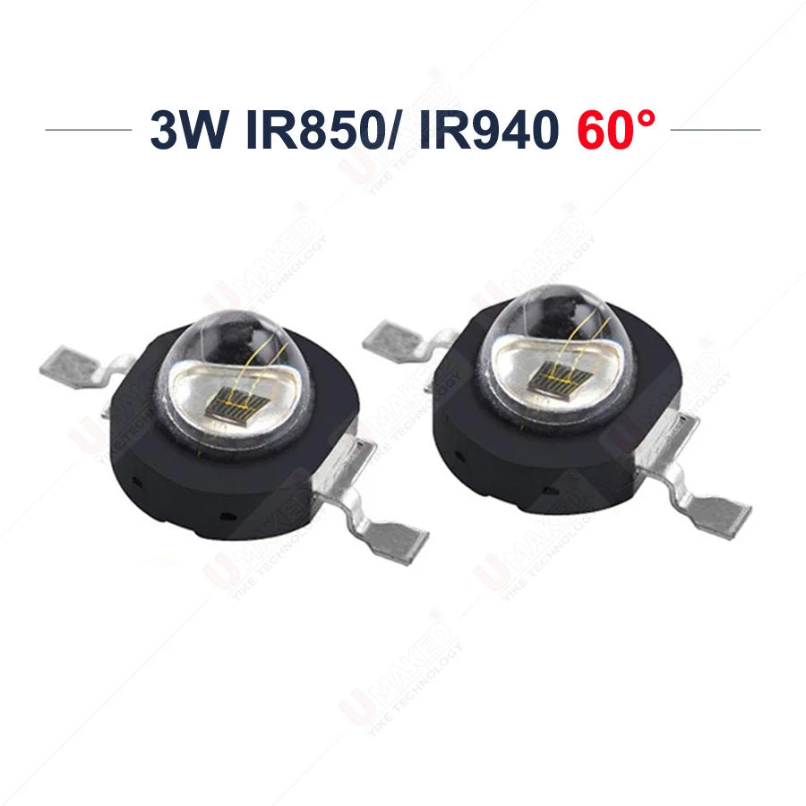 10pcs LED Infrared Red 850nm 940nm 3W High Power LED Chips 60 Degree or 120 Degree LED Beads for Night Camera DIY Lamp Bulbs