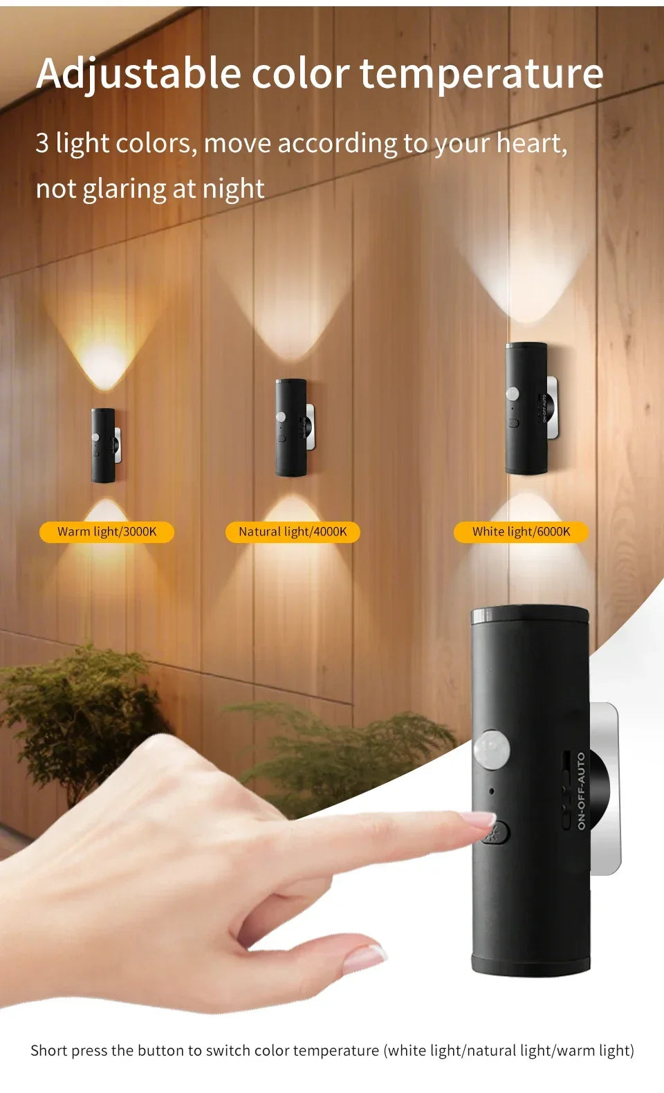 Rechargeable Motion Sensor LED Night Light Double Head Magnetic 3 Color Wall Lamp USB Charging for Closet Stairs Hallway Kitchen
