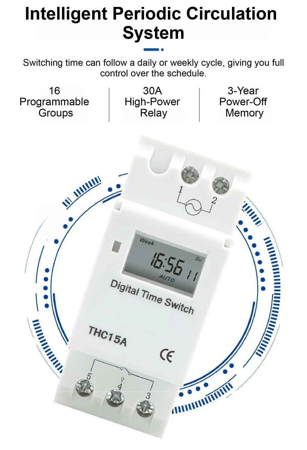 THC15A Digital Timer Switch Programmable Time Switch 30A DIN Rail Weekly Timer Relay 12V 24V 110V 220V LCD Controller