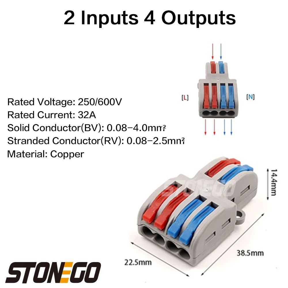STONEGO Wire Fast Connector 2 In 4/6/8 Out Wire Splitter Terminal Compact Wiring Cable Connector