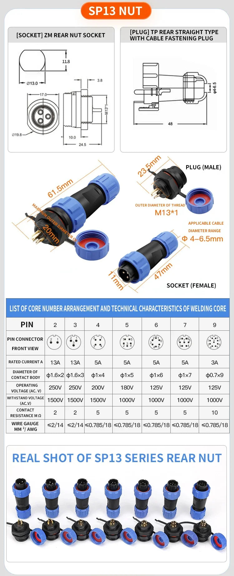 SP13 Waterproof Aviation Connector IP68 Panel Mount Cable Plug Socket 2 3 4 5 6 7 9 Pin Circular Connector Back Nut Set