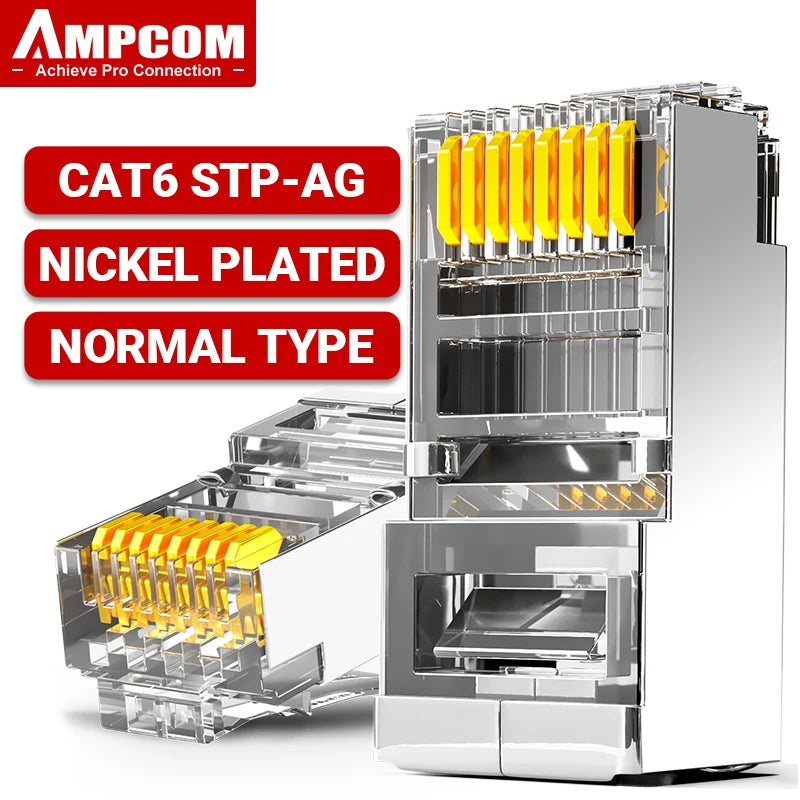AMPCOM RJ45 Connector 50U Gold Plated CAT7 CAT6 CAT5E Pass through Modular Plug 8P8C Crimp End for Solid Wire Stanrded Ethernet