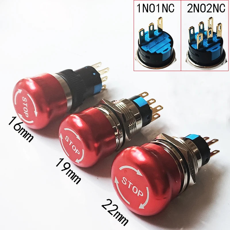 16mm 19mm 22mm Emergency Stop Metal Button Mushroom Head Push Button Stop Switch 1NO1NC 2NO2NC Latching Switch Retention On Off