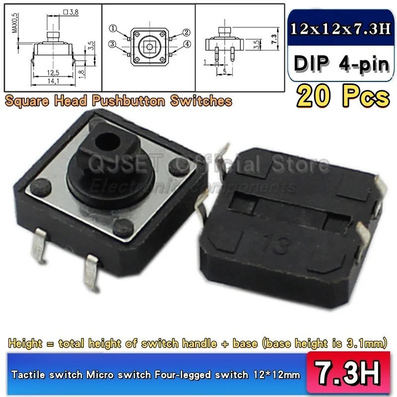 20 Pcs Tactile Pushbutton Switch 12*12*7.3MM Micro Switch Pushbutton A14 A24 Pushbutton Cover 12x12x7.3MM Square Head Pushbutton