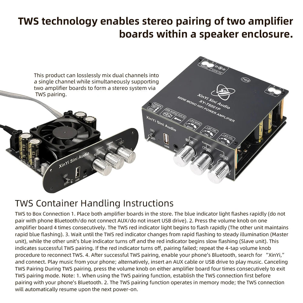 XY-T6001P Mono 600W Amplifier Board TPA3255 DC 19-51V TWS True Wireless Bluetooth 5.0 AUX USB APP Control for Car Home Audio DIY