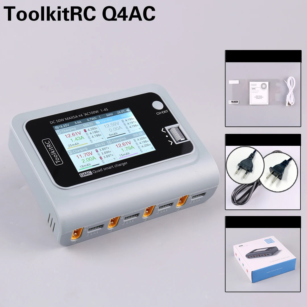 ToolkitRC Q4AC 4x50W 5A AC 100W 4 Port DC Smart Discharger Charger XT60/XT30 Optional for 1-4S Lipo Battery