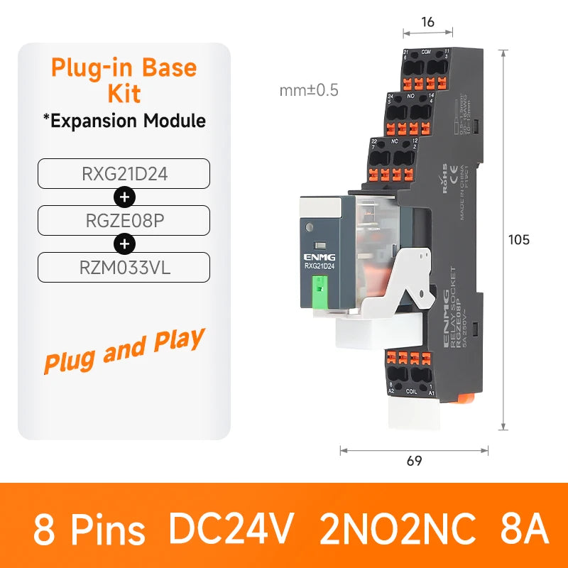 ENMG RXG Slim Power Relay 12A 24VDC/220VAC Coil, DIN Rail Mount Industrial Relay for PLC Control System