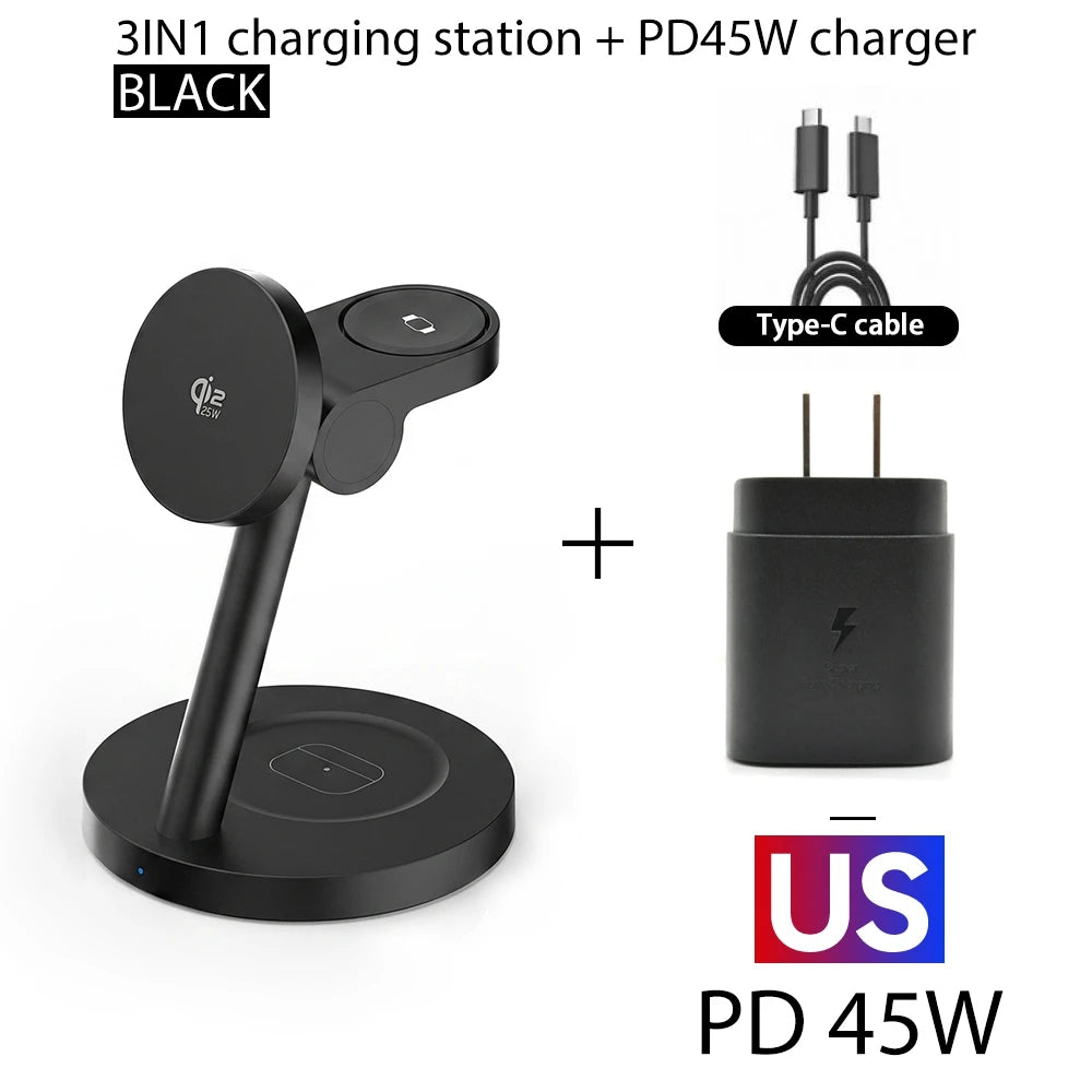 3in1 Qi2.2 25W Fast Wireless Charging Station 45W PD Plug For iPhone 17 16 Pro Max Plus Apple Watch Ultra SE 3 11 10 AirPods