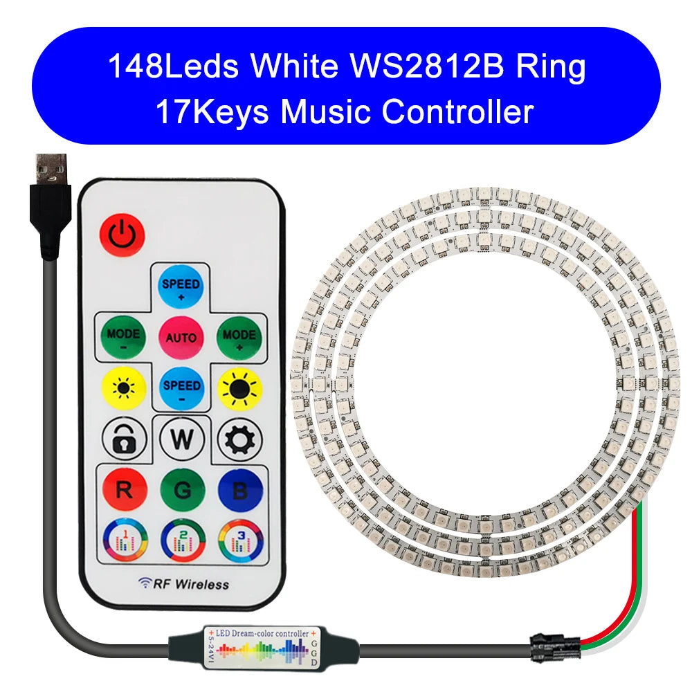 DC5V WS2812B DIY LED Ring 8 to 241 Pixels 5050 RGB Individually Addressable WS2812 Round Modules With 17Keys Music RF Controller