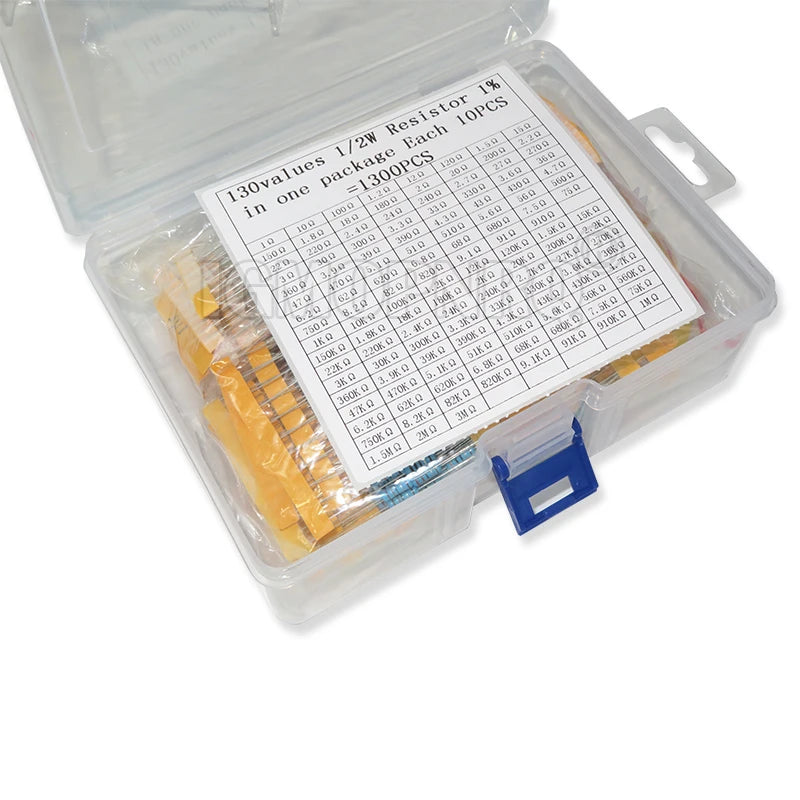 1300PCS 1% Metal Film Resistors 130 Values x 10Pcs 1/2W 0.5W Assorted Pack Kit Set Lot Resistors Assortment Kits Box