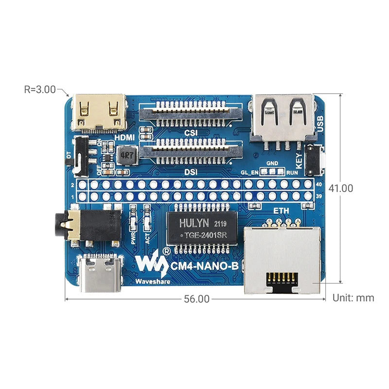 Raspberry Pi Compute Module 4 Nano Base Board (B) Same Size as the CM4 Base Board with Pin Header for Compute Module 4 Lite/eMMC