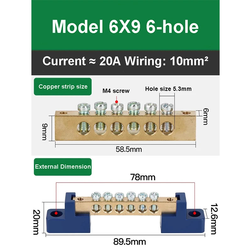 019 Series 6*9 8*12 4/6/8/10/12/14/16 Hole Zero Ground Row Copper Bar Connection Terminal Wiring Terminal of Distribution Box