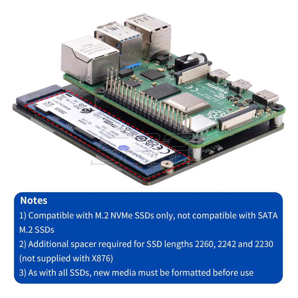 52Pi Raspberry Pi X876 NVMe M.2 SATA SSD NAS Expansion Board Support Key-M 2280 SSD for Raspberry Pi 4B