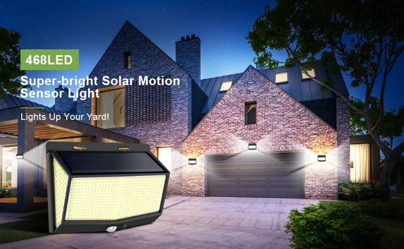 468 LED Outdoor Solar Lights with Motion Sensor 3 Lighting Modes Waterproof Solar Wall Lights for Courtyard Garage Fence Patio