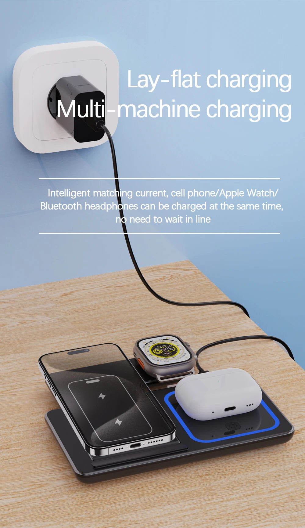 LED Fast Wireless Charger Stand 3 in 1 Foldable Charging Station For iPhone 17 16 15 14 13 12 Apple Watch 9 8 7 6 5 Airpods Pro