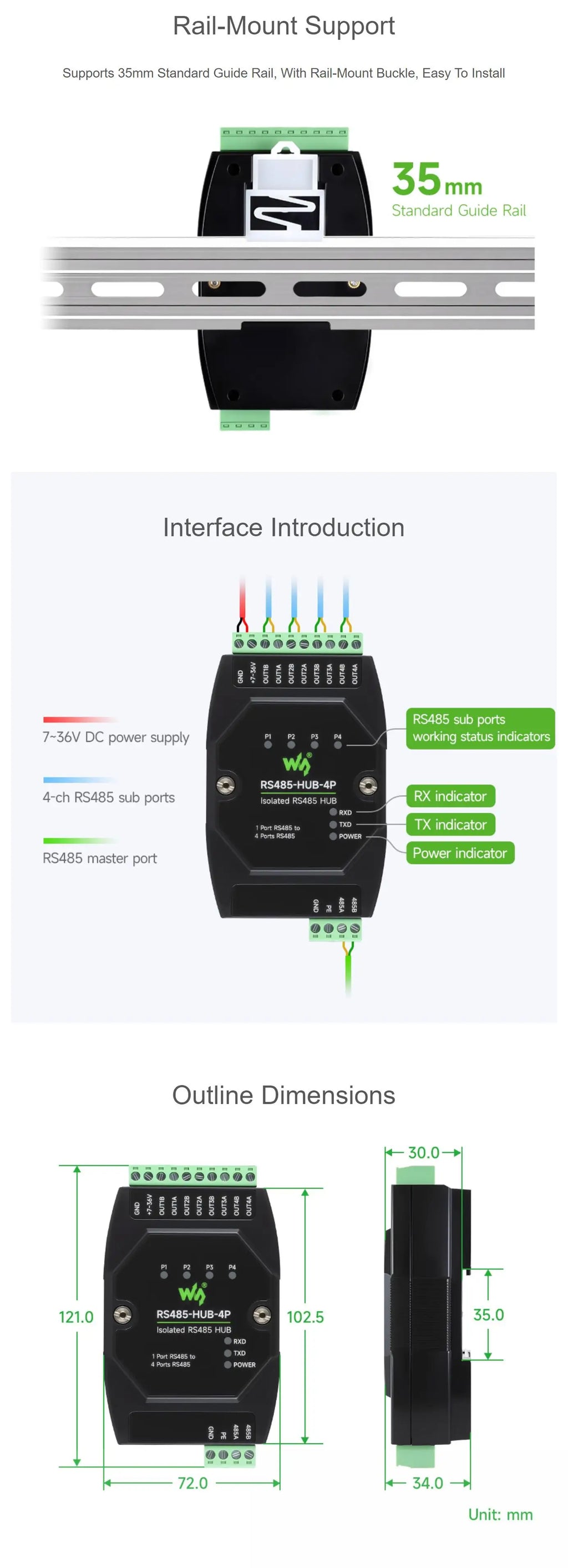 Industrial-grade Isolated 4-Ch RS485 Hub Rail-mount Support Wide Baud Rate Range, Expands 4-ch RS485 Sub Ports Via 1-ch RS485