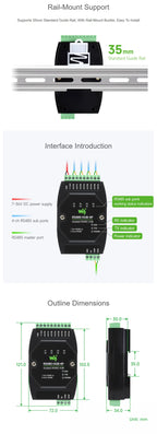 Industrial-grade Isolated 4-Ch RS485 Hub Rail-mount Support Wide Baud Rate Range, Expands 4-ch RS485 Sub Ports Via 1-ch RS485