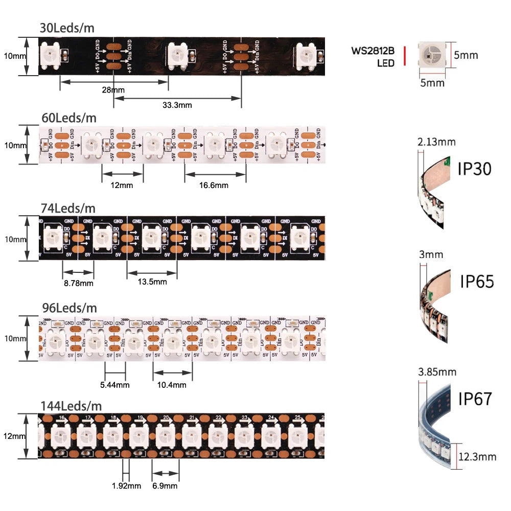 DC5V WS2812B WS2813 Individually Addressable RGBIC Led Strip DC12V WS2811 WS2815 5050 30/60/144Pixels/Leds/m Smart LED Light