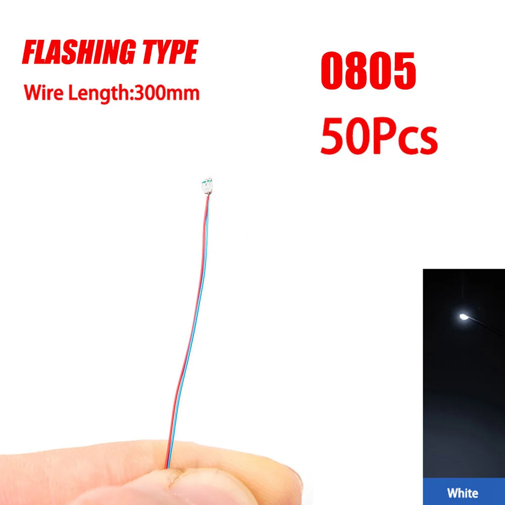50pcs 0805 FLASHING LED SMD Lamp Wired Micro Litz Led Pre-Soldered Chip Wired 3V Railway Model Toy Light DIY Leads Wires 30cm