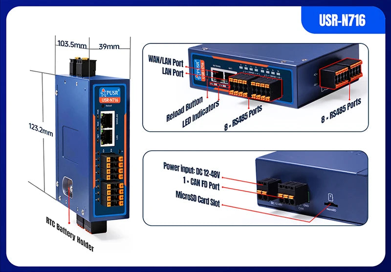 PUSR Industrial RS485 to Ethernet Converter 8/16 Port Isolated Serial 1WAN/LAN 1LAN 1CAN FD Modbus RTU/TCP Edge Gateway USR-N780