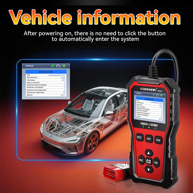 KONNWEI KW340 Car OBD2 Diagnostic Tool CAN EOBD 3in1 Engine Battery Test Read Clear Fault Code Real-Time Data O2 Inspection Tool
