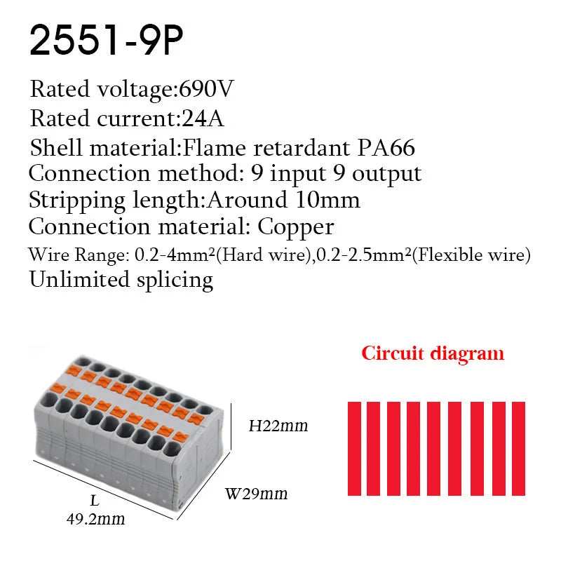 Wire Electrical Cable Wiring Connectors Push-in Terminal Block Multiple In Multiple Out Mount On Din Rail DIY Splicing