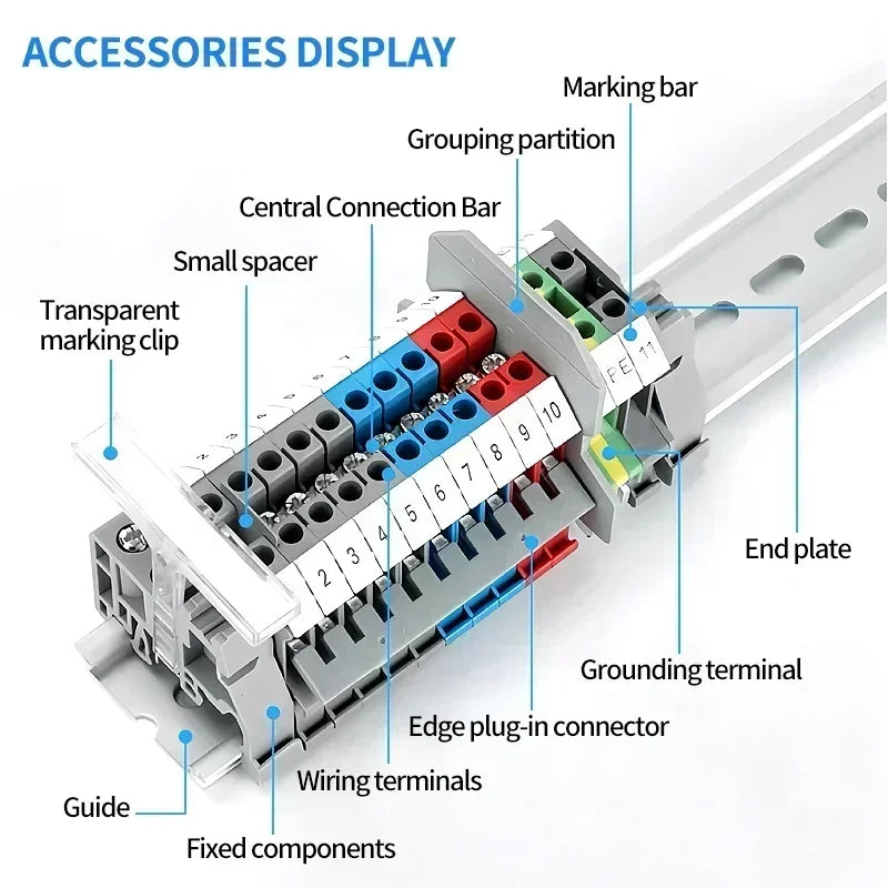 10PCS UK2.5B 2.5mm² DIN Rail Terminal Blocks Screw Connection Feed Through Wire Connector Gray Red Blue Green Black Yellow Set