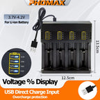 PHOMAX USB Charger 4 Slots Universal Smart Battery Charger Compatible with Multiple Sizes Including 18650 26650 18500 Batteries
