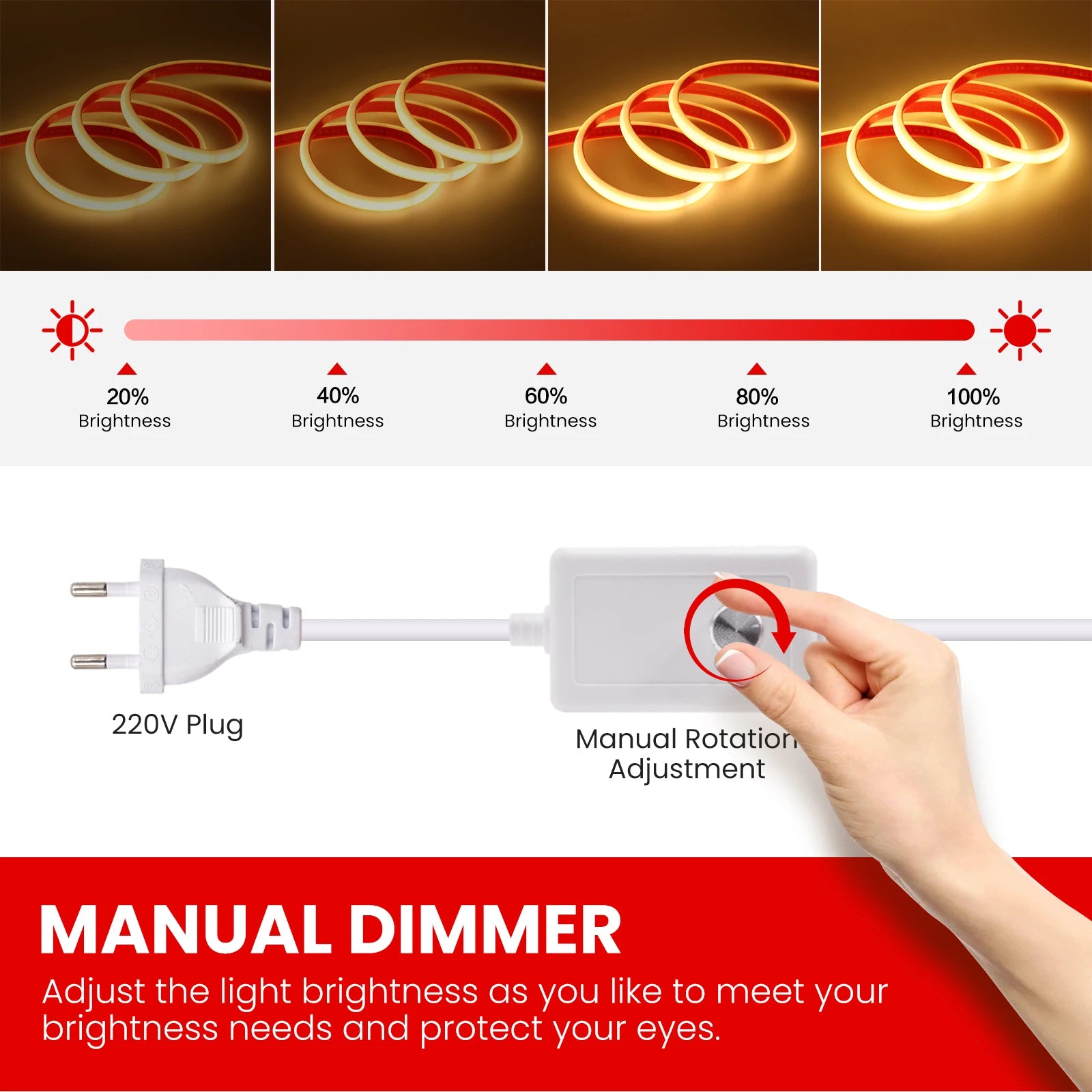 220V Dimmable COB LED Neon Strip Light 288Leds/M IP67 With Switch/Dimmer EU Plug Flexible Adhesive Tape for Home Garden Lighting