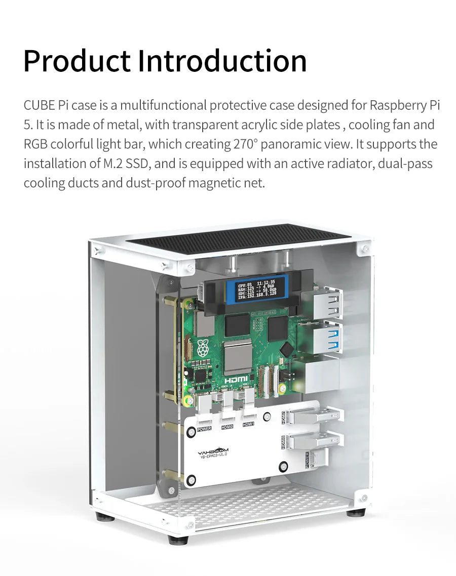 Raspberry Pi 5 Case Protective Kit with Cooling Fan RGB Color Light and 0.96 Screen Display DIY Electronic Shell Support M.2 SSD