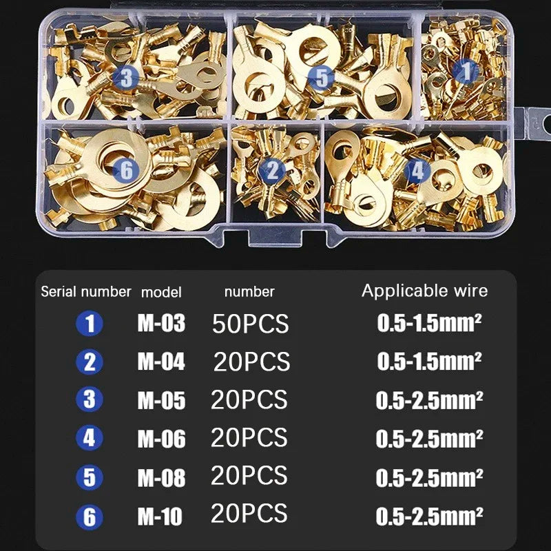 150pcs Boxed Terminal Block Wire Connector M3/M4/M5/M6/M8/M10 O-type Ground Lugs Terminal Cold-Pressed Copper Tab Wiring Nose
