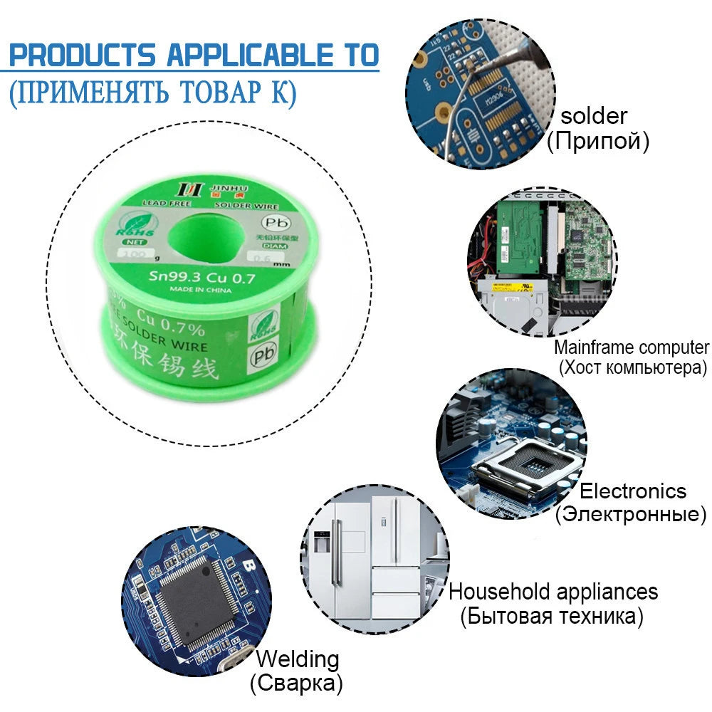 JINHU Sn99.3 Cu0.7 50G/100G/250G Lead Free Solder Wire Tin 0.5/0.6/0.8/1.0/1.2/2.0mm Rosin Core Solder Welding Soldering Iron