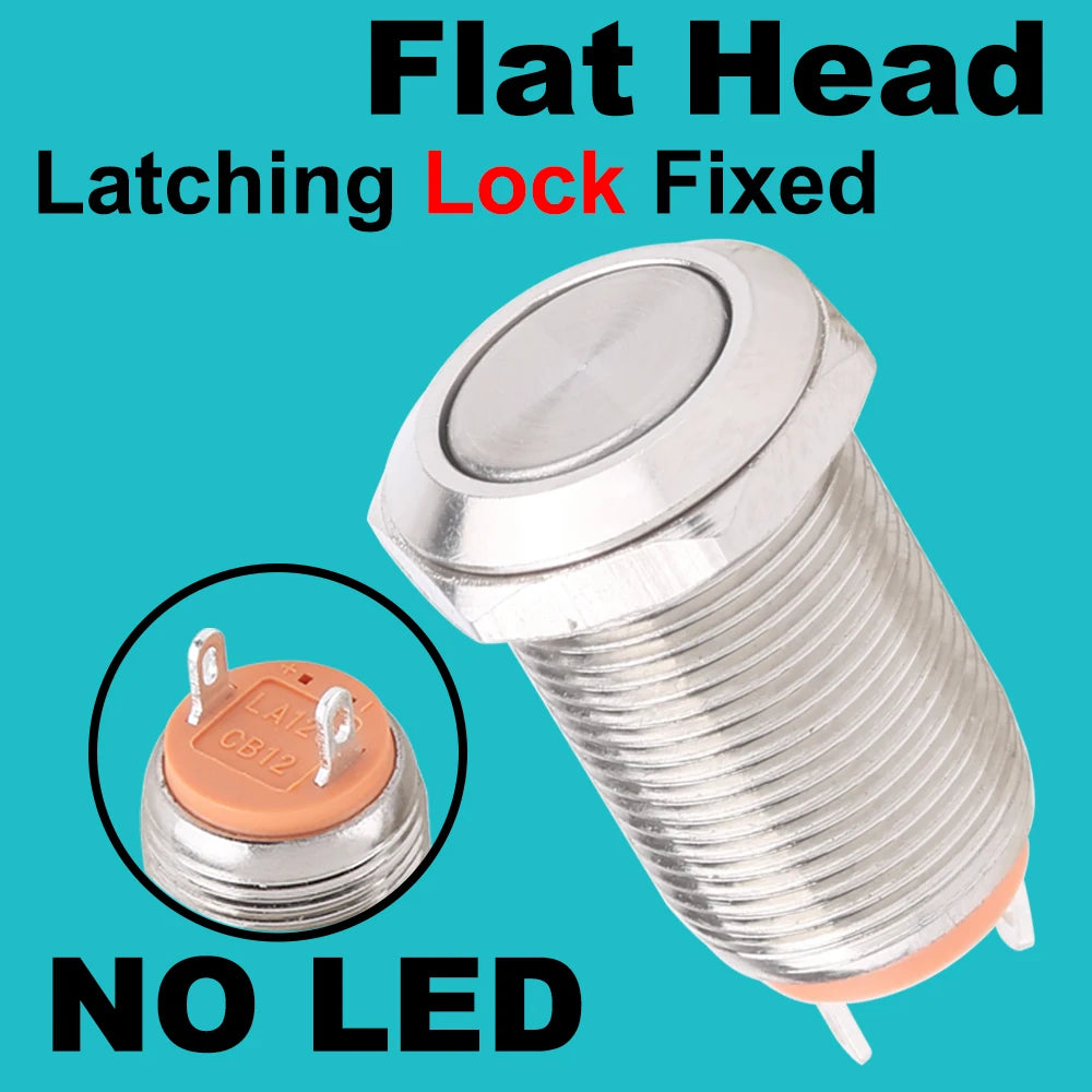 12mm metal push button waterproof nickel plated brass button switch Latching/self-locking/fix high/flat head on-off NO LED